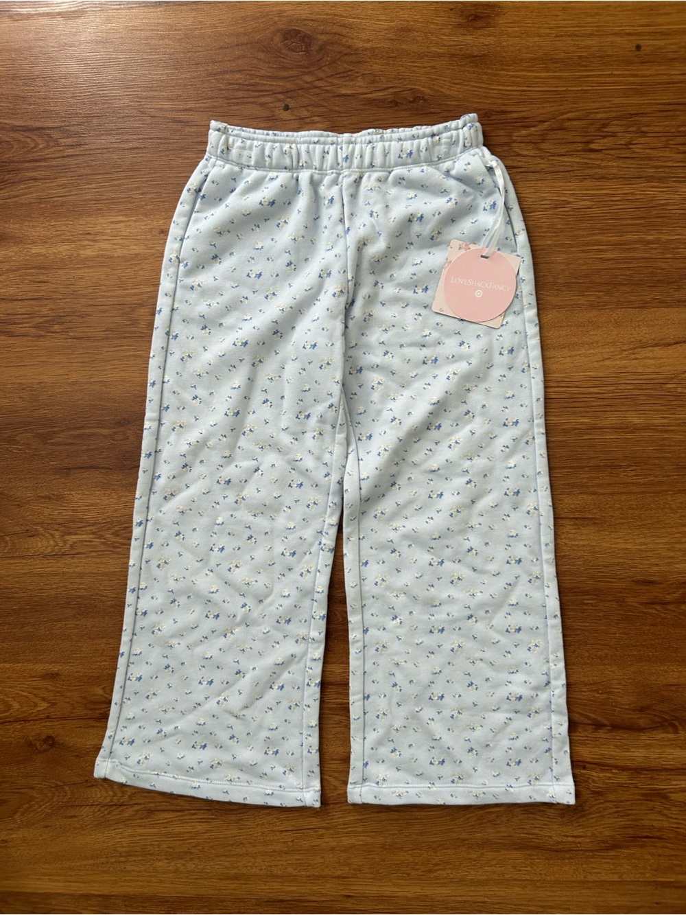 LoveShack Fancy kids Light Blue Floral wide legCotton Pants